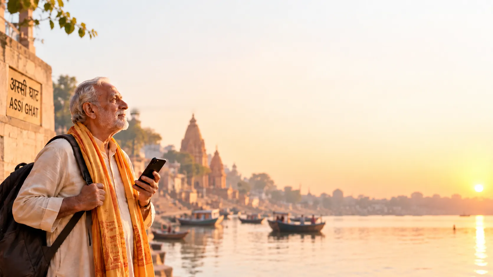An elderly pilgrim at Assi Ghat, Varanasi, at sunrise, looking up from his phone